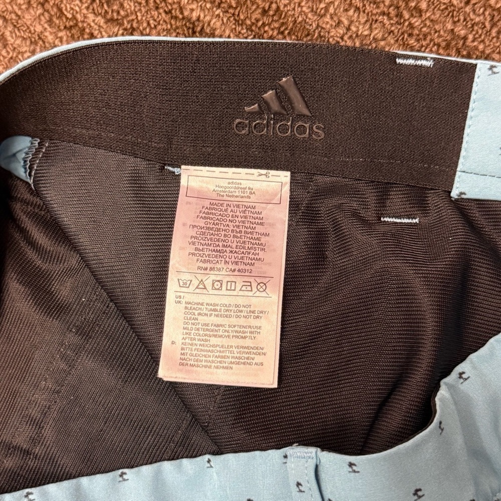 Adidas Light Blue Men's Flat Front Gold Shorts with Speckled Navy Blue Dots - Picture 6 of 7